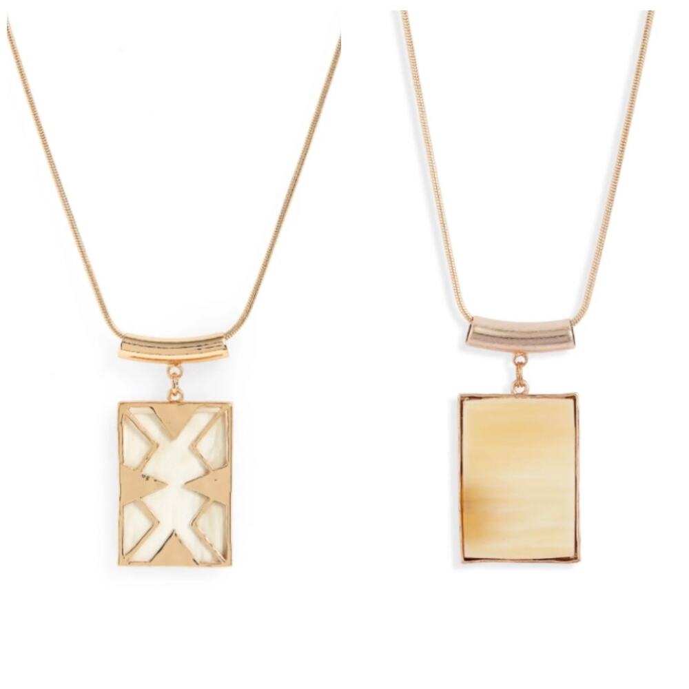 Akola Long Gold Geometric Reversible White Yellow Pendant Necklace NWT